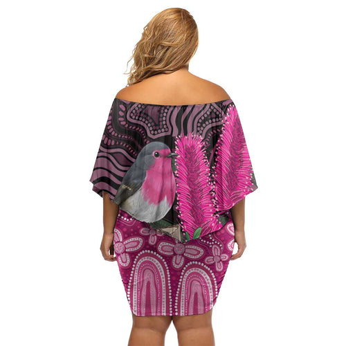 Australia Indigenous Off Shoulder Short Dress Breast Cancer Pink Robin Bottlebrush Aboriginal Art - Aussie Hoodie