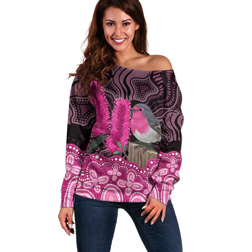 Australia Indigenous Off Shoulder Sweater Breast Cancer Pink Robin Bottlebrush Aboriginal Art - Aussie Hoodie