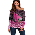 Australia Indigenous Off Shoulder Sweater Breast Cancer Pink Robin Bottlebrush Aboriginal Art - Aussie Hoodie