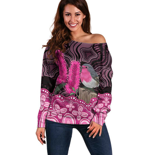Australia Indigenous Off Shoulder Sweater Breast Cancer Pink Robin Bottlebrush Aboriginal Art - Aussie Hoodie