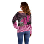 Australia Indigenous Off Shoulder Sweater Breast Cancer Pink Robin Bottlebrush Aboriginal Art - Aussie Hoodie