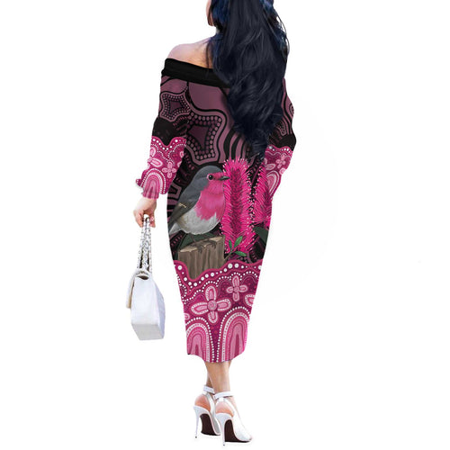 Australia Indigenous Off The Shoulder Long Sleeve Dress Breast Cancer Pink Robin Bottlebrush Aboriginal Art - Aussie Hoodie