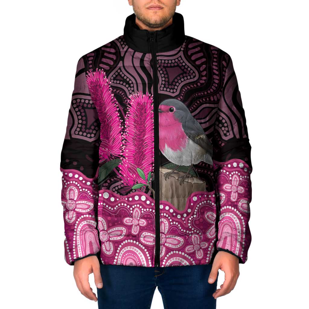 Australia Indigenous Padded Jacket Breast Cancer Pink Robin Bottlebrush Aboriginal Art - Aussie Hoodie