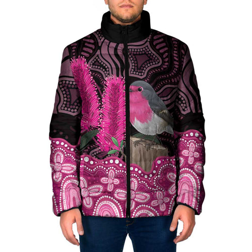 Australia Indigenous Padded Jacket Breast Cancer Pink Robin Bottlebrush Aboriginal Art - Aussie Hoodie