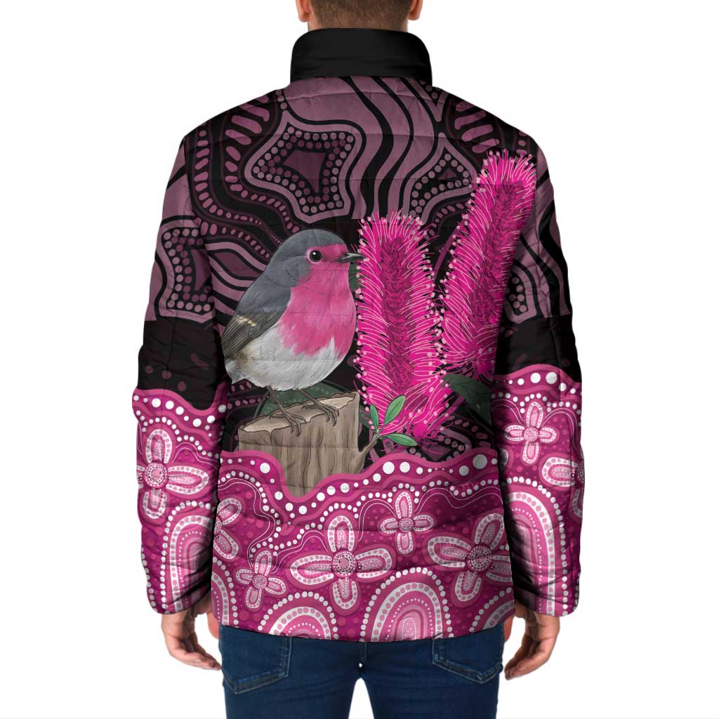 Australia Indigenous Padded Jacket Breast Cancer Pink Robin Bottlebrush Aboriginal Art - Aussie Hoodie