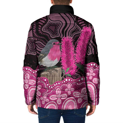 Australia Indigenous Padded Jacket Breast Cancer Pink Robin Bottlebrush Aboriginal Art - Aussie Hoodie