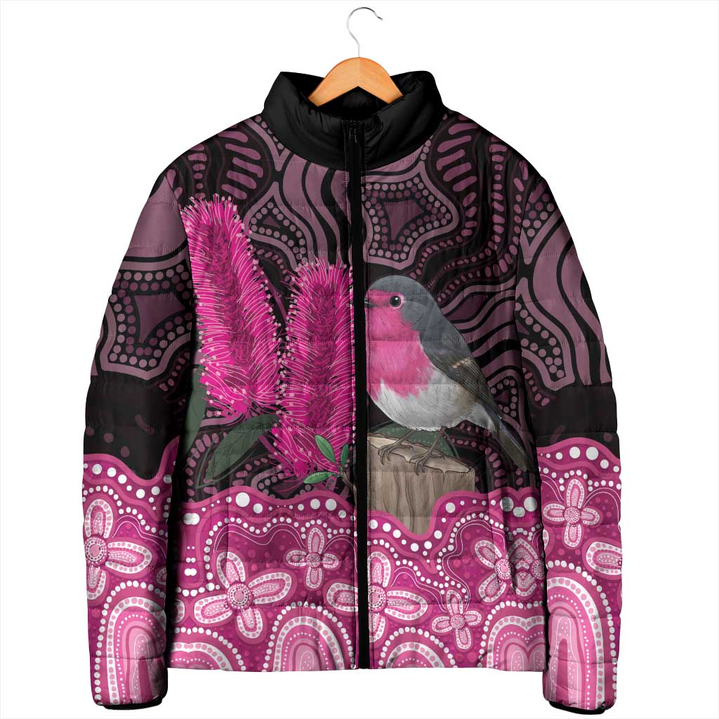 Australia Indigenous Padded Jacket Breast Cancer Pink Robin Bottlebrush Aboriginal Art - Aussie Hoodie