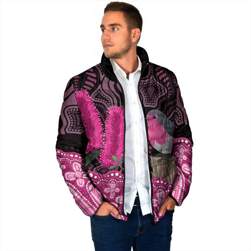 Australia Indigenous Padded Jacket Breast Cancer Pink Robin Bottlebrush Aboriginal Art - Aussie Hoodie