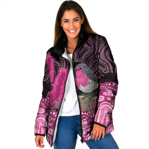 Australia Indigenous Padded Jacket Breast Cancer Pink Robin Bottlebrush Aboriginal Art - Aussie Hoodie