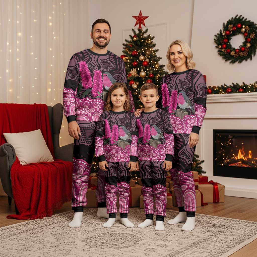 Australia Indigenous Christmas Pajama Set Breast Cancer Pink Robin Bottlebrush Aboriginal Art - Aussie Hoodie