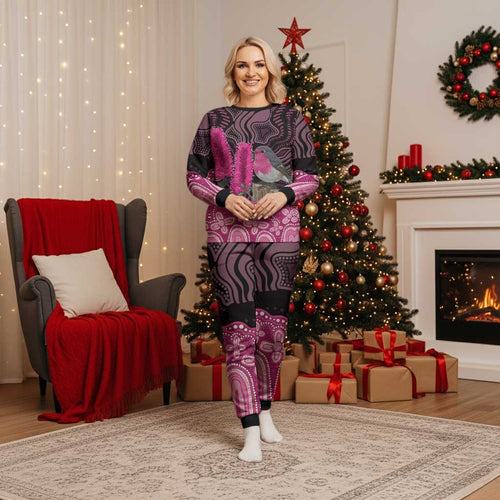 Australia Indigenous Christmas Pajama Set Breast Cancer Pink Robin Bottlebrush Aboriginal Art - Aussie Hoodie