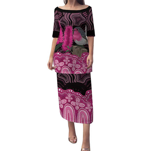 Australia Indigenous Puletasi Breast Cancer Pink Robin Bottlebrush Aboriginal Art - Aussie Hoodie