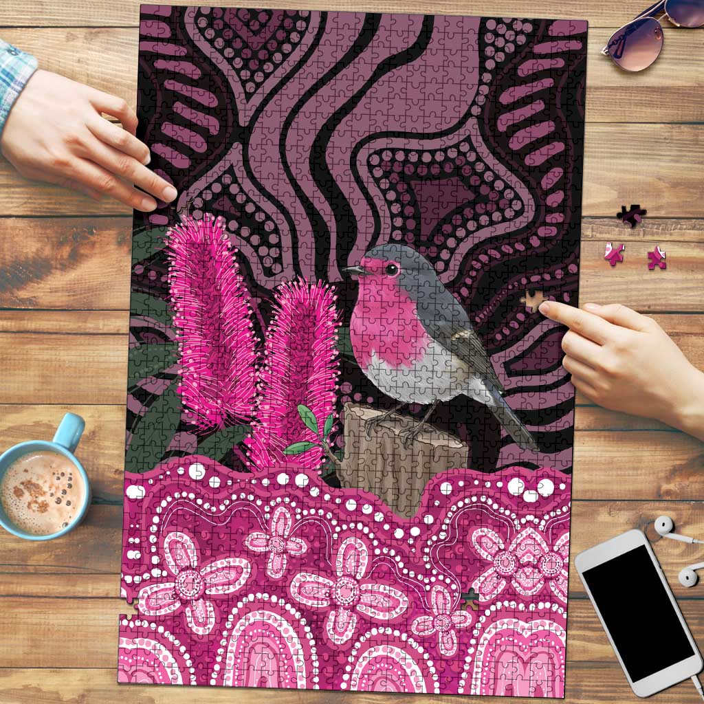 Australia Indigenous Puzzle Breast Cancer Pink Robin Bottlebrush Aboriginal Art - Aussie Hoodie
