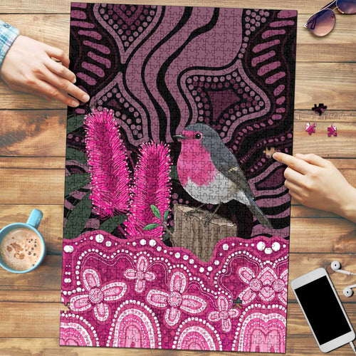 Australia Indigenous Puzzle Breast Cancer Pink Robin Bottlebrush Aboriginal Art - Aussie Hoodie