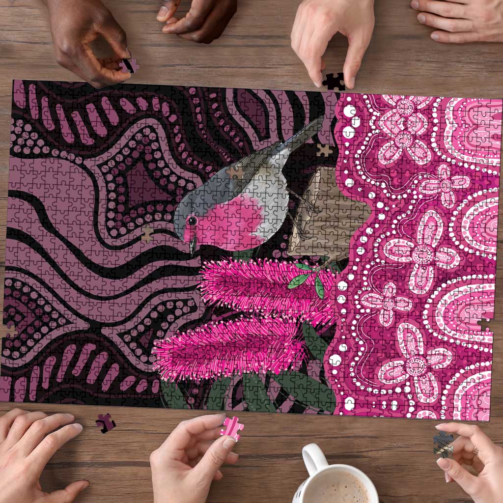 Australia Indigenous Puzzle Breast Cancer Pink Robin Bottlebrush Aboriginal Art - Aussie Hoodie