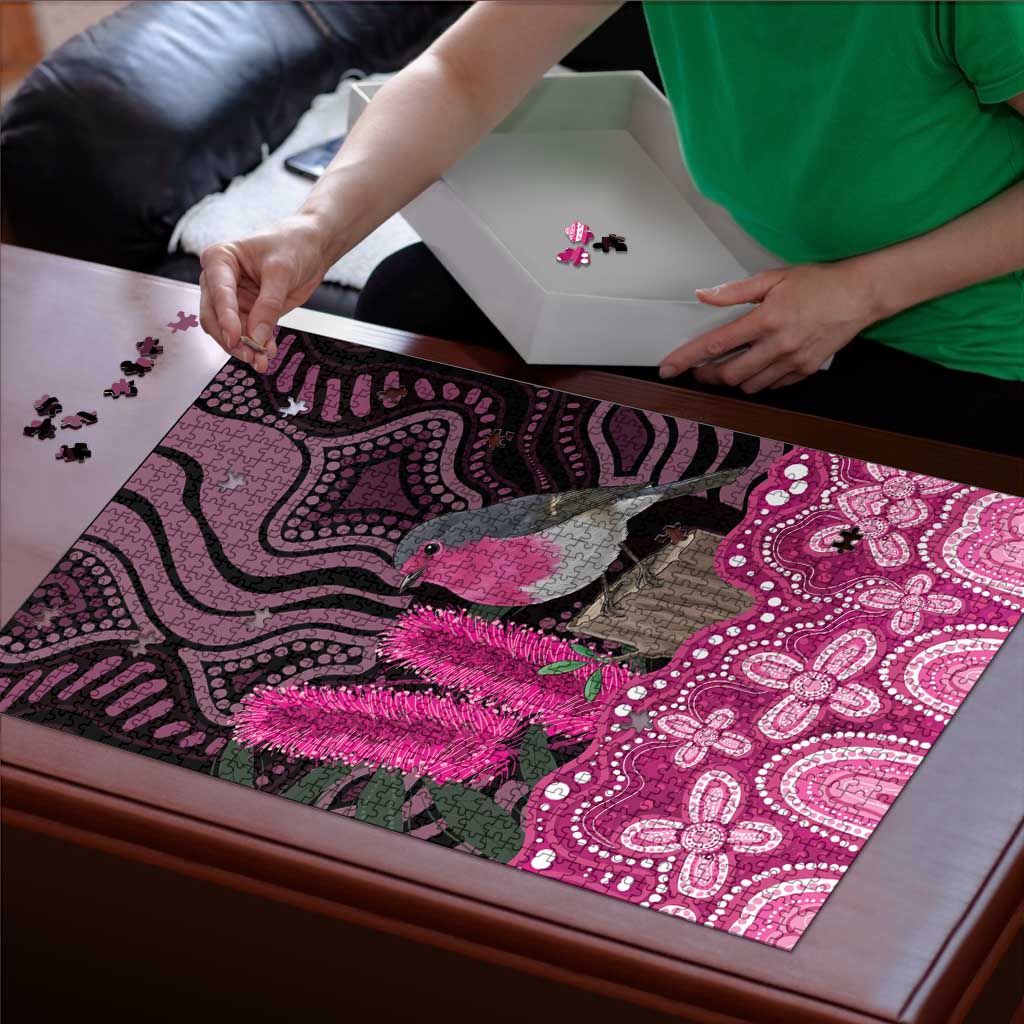 Australia Indigenous Puzzle Breast Cancer Pink Robin Bottlebrush Aboriginal Art - Aussie Hoodie