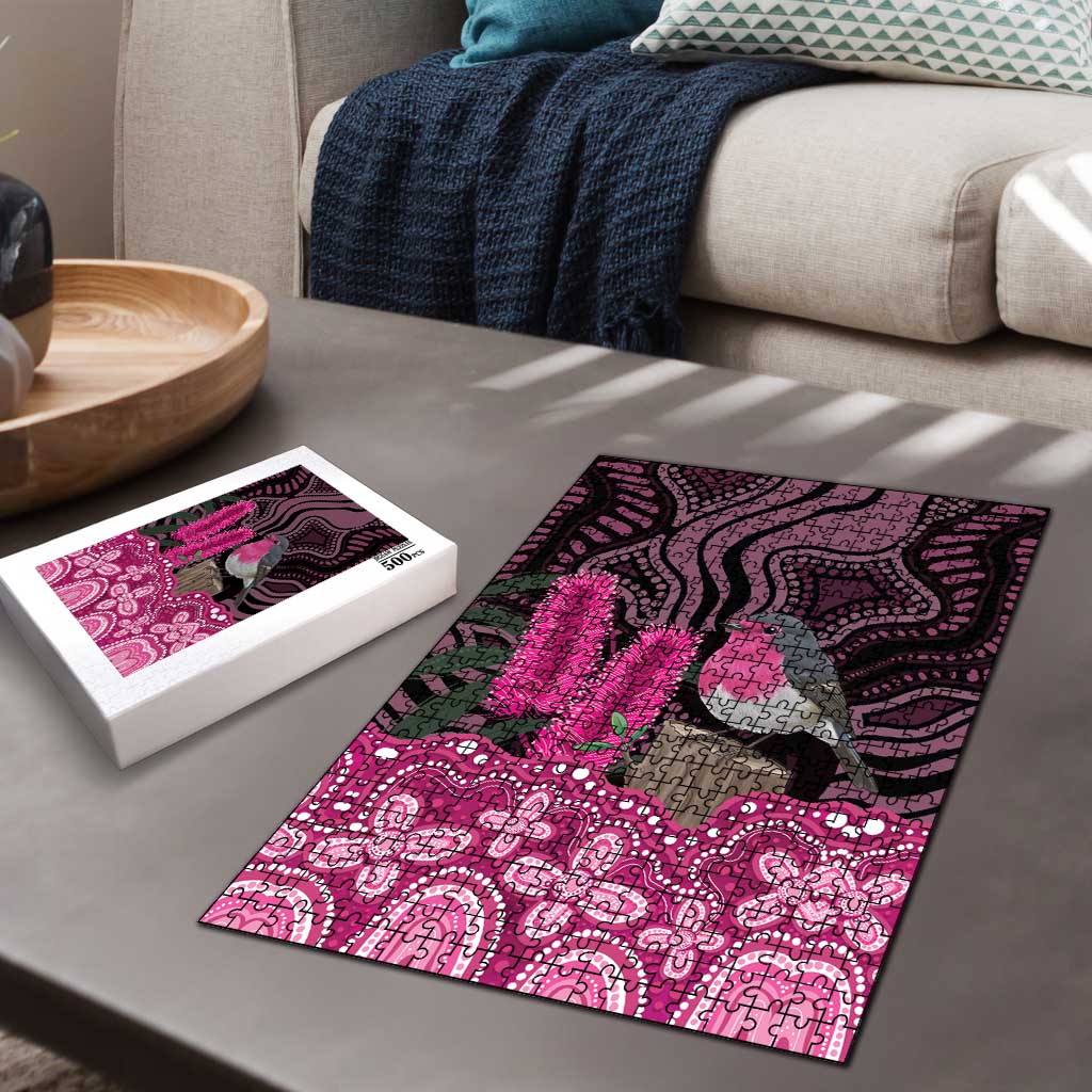 Australia Indigenous Puzzle Breast Cancer Pink Robin Bottlebrush Aboriginal Art - Aussie Hoodie