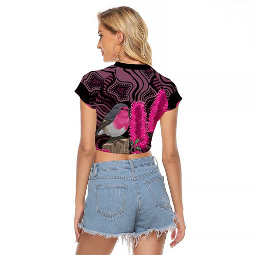Australia Indigenous Raglan Cropped T Shirt Breast Cancer Pink Robin Bottlebrush Aboriginal Art - Aussie Hoodie
