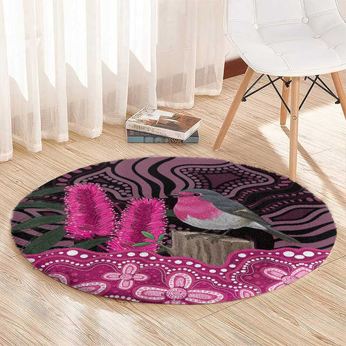 Australia Indigenous Round Carpet Breast Cancer Pink Robin Bottlebrush Aboriginal Art - Aussie Hoodie