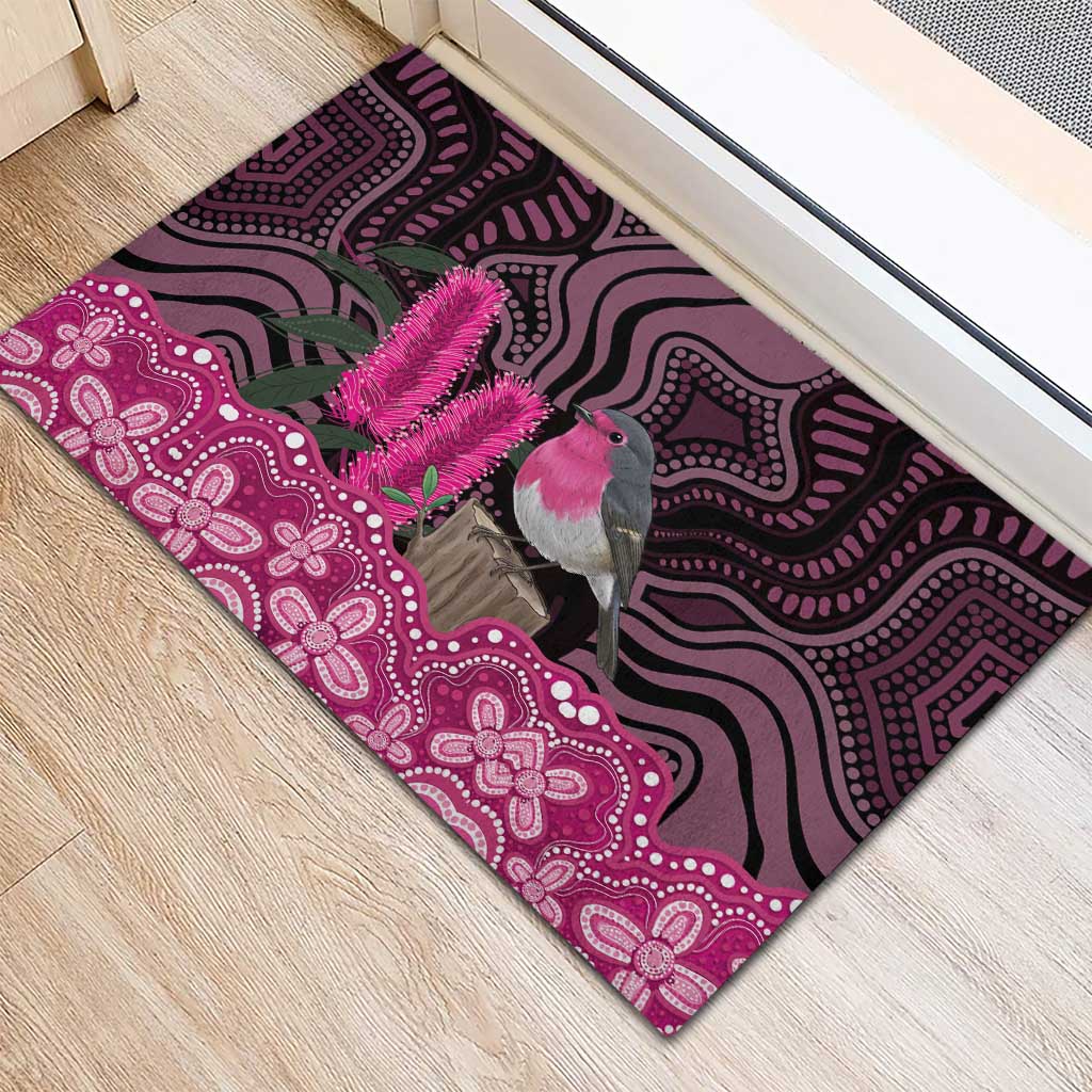 Australia Indigenous Rubber Doormat Breast Cancer Pink Robin Bottlebrush Aboriginal Art - Aussie Hoodie
