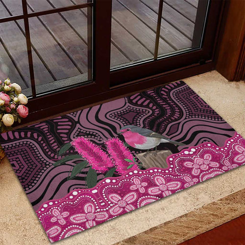 Australia Indigenous Rubber Doormat Breast Cancer Pink Robin Bottlebrush Aboriginal Art - Aussie Hoodie