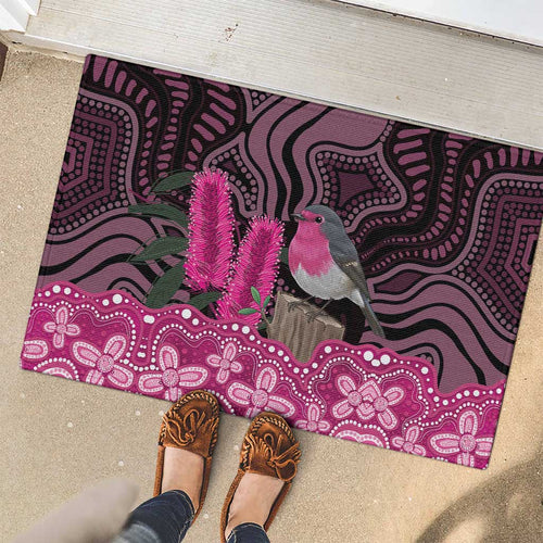 Australia Indigenous Rubber Doormat Breast Cancer Pink Robin Bottlebrush Aboriginal Art - Aussie Hoodie