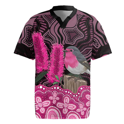 Australia Indigenous Rugby Jersey Breast Cancer Pink Robin Bottlebrush Aboriginal Art - Aussie Hoodie