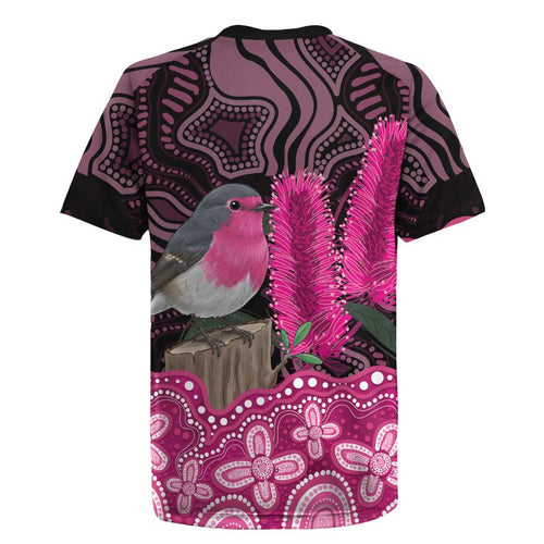 Australia Indigenous Rugby Jersey Breast Cancer Pink Robin Bottlebrush Aboriginal Art - Aussie Hoodie