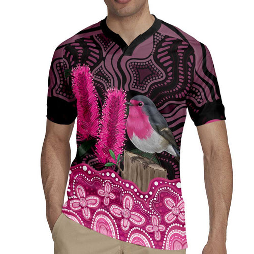 Australia Indigenous Rugby Jersey Breast Cancer Pink Robin Bottlebrush Aboriginal Art - Aussie Hoodie
