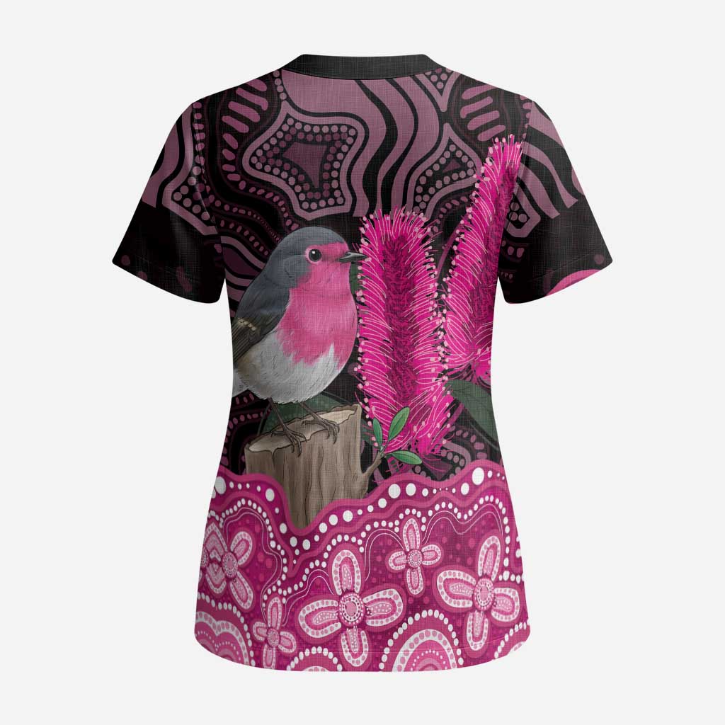 Australia Indigenous Scrub Top Breast Cancer Pink Robin Bottlebrush Aboriginal Art - Aussie Hoodie