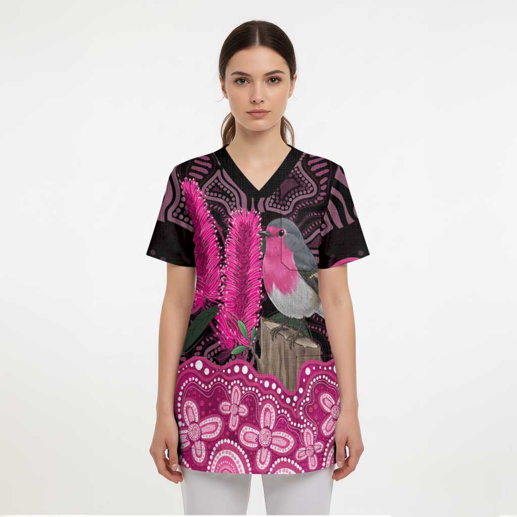 Australia Indigenous Scrub Top Breast Cancer Pink Robin Bottlebrush Aboriginal Art - Aussie Hoodie