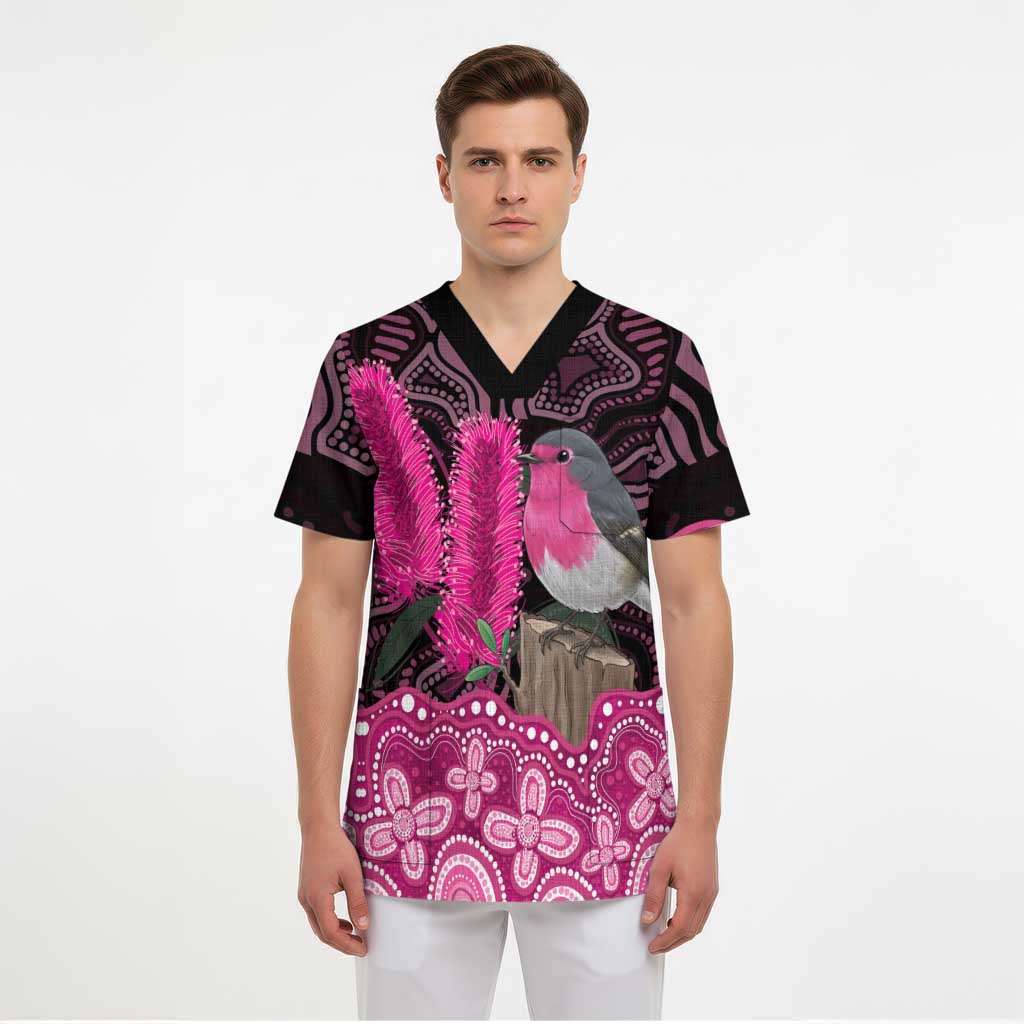 Australia Indigenous Scrub Top Breast Cancer Pink Robin Bottlebrush Aboriginal Art - Aussie Hoodie