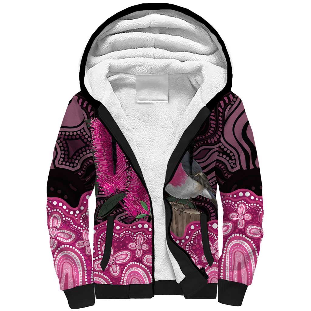 Australia Indigenous Sherpa Hoodie Breast Cancer Pink Robin Bottlebrush Aboriginal Art - Aussie Hoodie