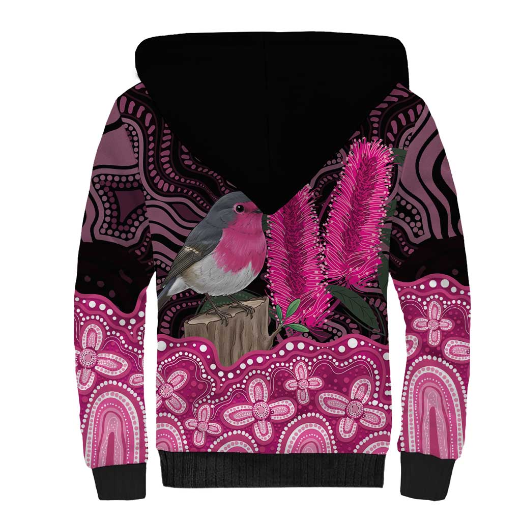 Australia Indigenous Sherpa Hoodie Breast Cancer Pink Robin Bottlebrush Aboriginal Art - Aussie Hoodie