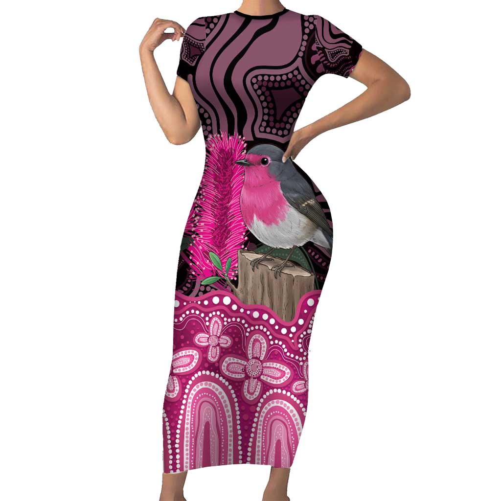 Australia Indigenous Short Sleeve Bodycon Dress Breast Cancer Pink Robin Bottlebrush Aboriginal Art - Aussie Hoodie