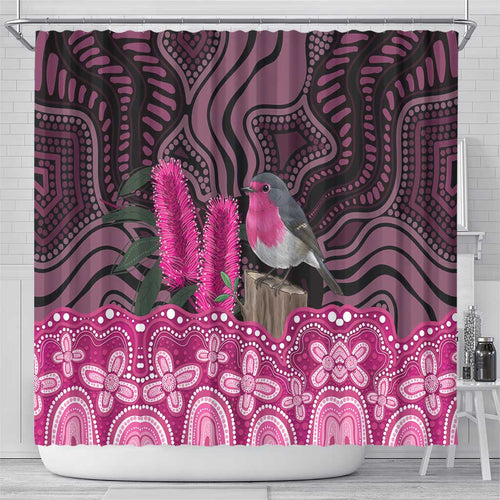 Australia Indigenous Shower Curtain Breast Cancer Pink Robin Bottlebrush Aboriginal Art - Aussie Hoodie