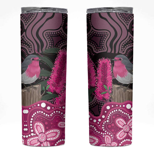 Australia Indigenous Skinny Tumbler Breast Cancer Pink Robin Bottlebrush Aboriginal Art - Aussie Hoodie