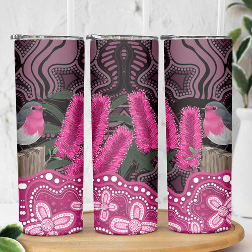 Australia Indigenous Skinny Tumbler Breast Cancer Pink Robin Bottlebrush Aboriginal Art - Aussie Hoodie