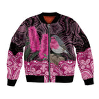 Australia Indigenous Sleeve Zip Bomber Jacket Breast Cancer Pink Robin Bottlebrush Aboriginal Art - Aussie Hoodie