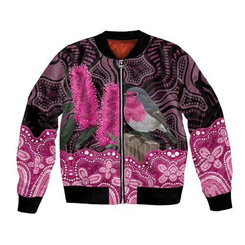 Australia Indigenous Sleeve Zip Bomber Jacket Breast Cancer Pink Robin Bottlebrush Aboriginal Art - Aussie Hoodie