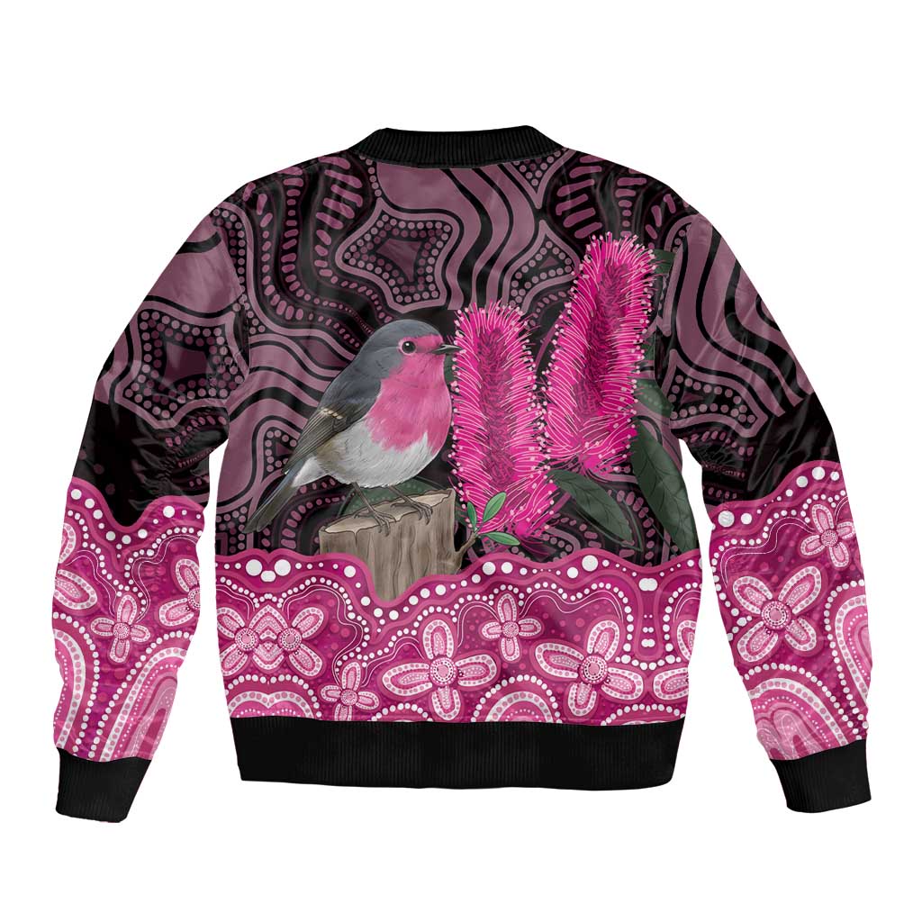 Australia Indigenous Sleeve Zip Bomber Jacket Breast Cancer Pink Robin Bottlebrush Aboriginal Art - Aussie Hoodie