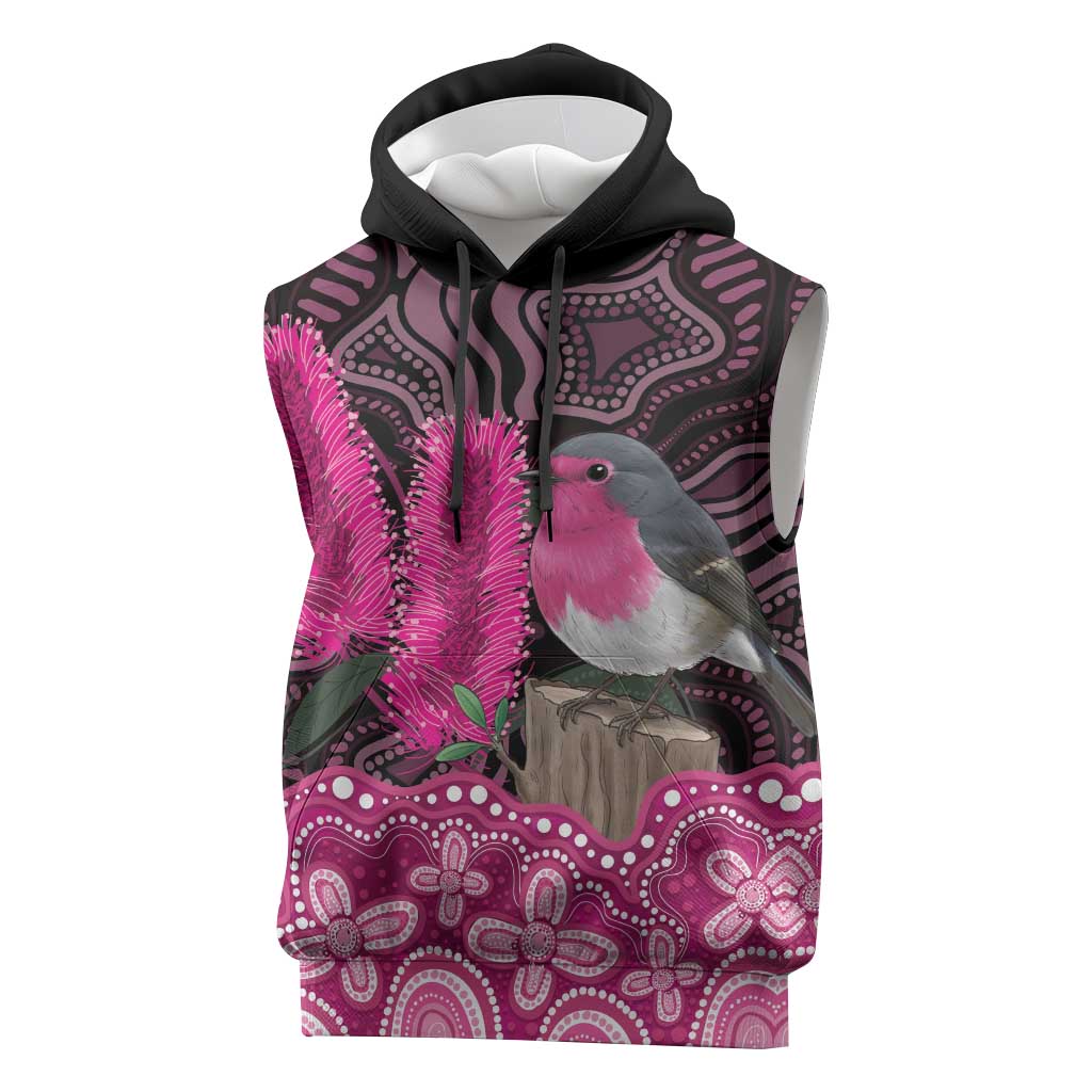 Australia Indigenous Sleeveless Hoodie Breast Cancer Pink Robin Bottlebrush Aboriginal Art - Aussie Hoodie