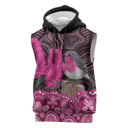 Australia Indigenous Sleeveless Hoodie Breast Cancer Pink Robin Bottlebrush Aboriginal Art - Aussie Hoodie