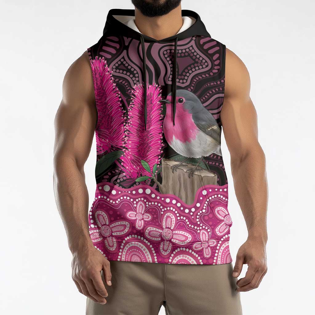Australia Indigenous Sleeveless Hoodie Breast Cancer Pink Robin Bottlebrush Aboriginal Art - Aussie Hoodie