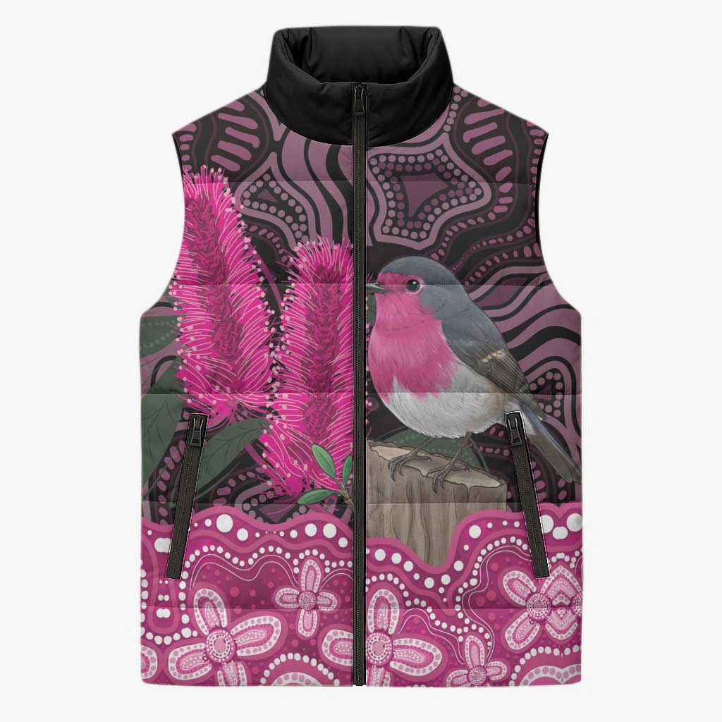 Australia Indigenous Sleeveless Puffer Jacket Breast Cancer Pink Robin Bottlebrush Aboriginal Art - Aussie Hoodie