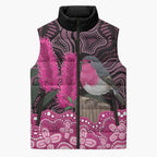 Australia Indigenous Sleeveless Puffer Jacket Breast Cancer Pink Robin Bottlebrush Aboriginal Art - Aussie Hoodie
