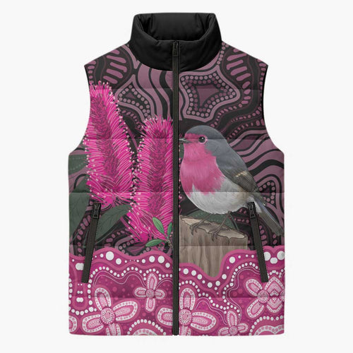 Australia Indigenous Sleeveless Puffer Jacket Breast Cancer Pink Robin Bottlebrush Aboriginal Art - Aussie Hoodie