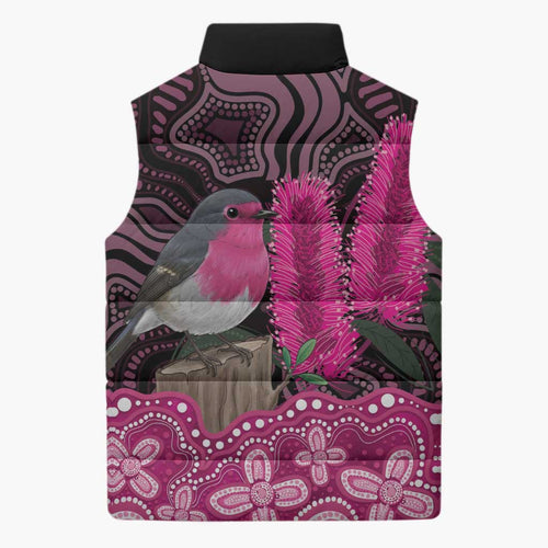 Australia Indigenous Sleeveless Puffer Jacket Breast Cancer Pink Robin Bottlebrush Aboriginal Art - Aussie Hoodie