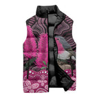 Australia Indigenous Sleeveless Puffer Jacket Breast Cancer Pink Robin Bottlebrush Aboriginal Art - Aussie Hoodie
