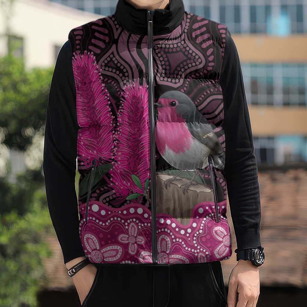 Australia Indigenous Sleeveless Puffer Jacket Breast Cancer Pink Robin Bottlebrush Aboriginal Art - Aussie Hoodie